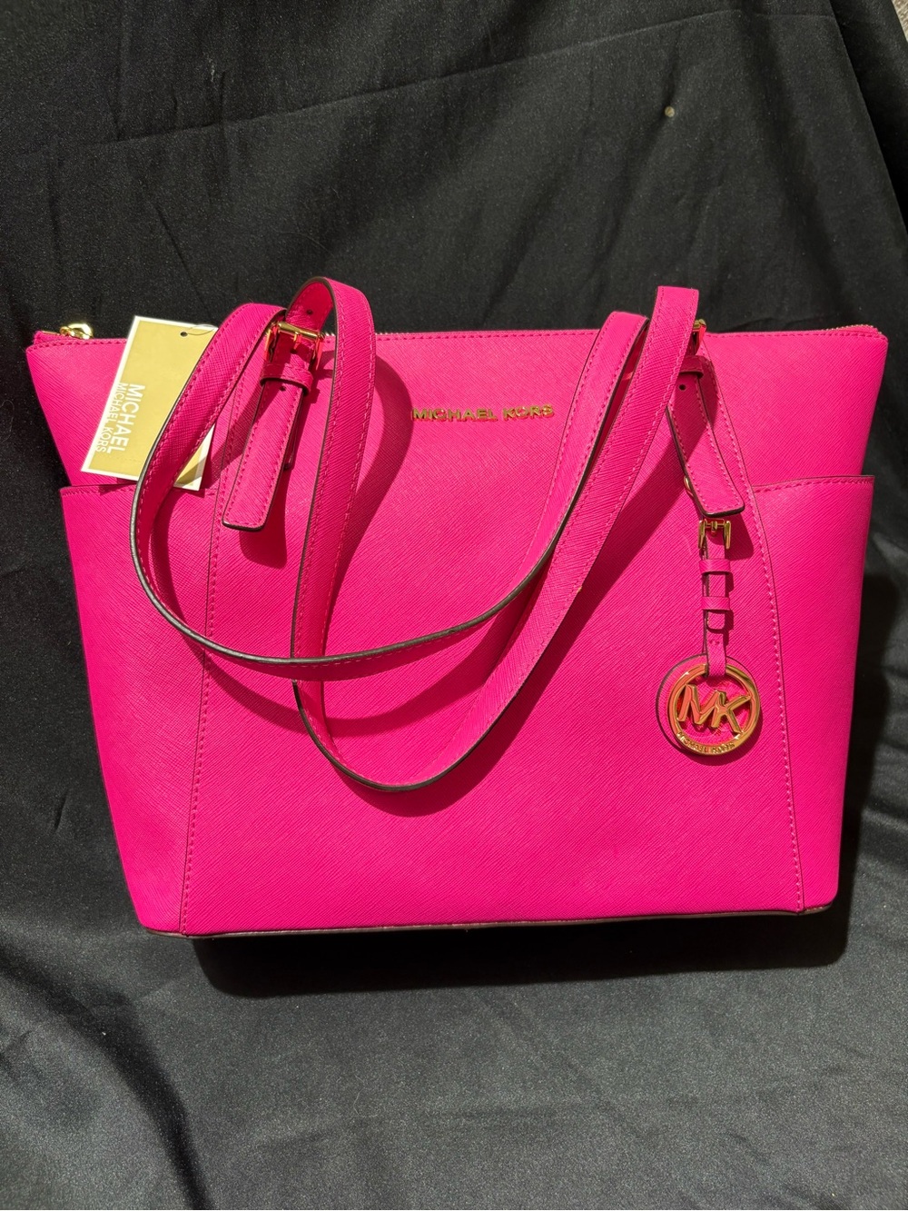 Michael Kors Hot Pink Saffiano Leather Shoulder Tote with Gold Hardware